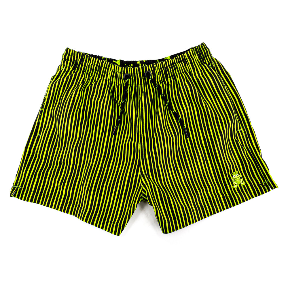 Flat Lay Front View. Green and Black Striped Swim Trunks. Mid Thigh Cut.