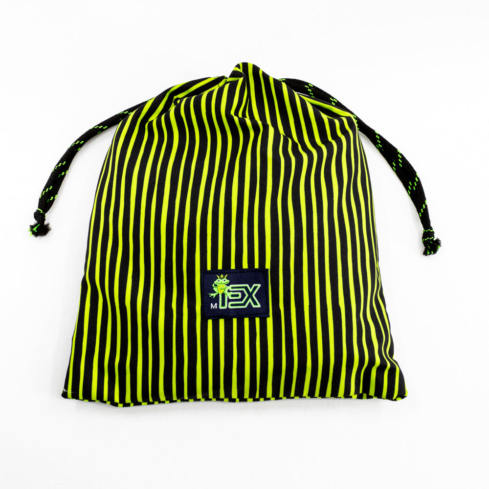 View of Green and Black Striped Matching Drawstring Bag. Free With Shorts Purchase.