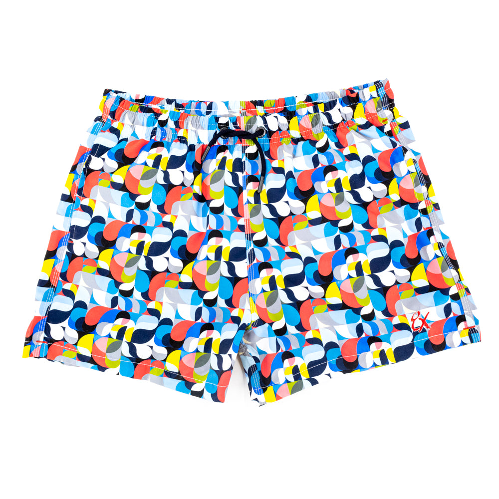 Colorful Geometrical Printed Swim Trunks. Front View.