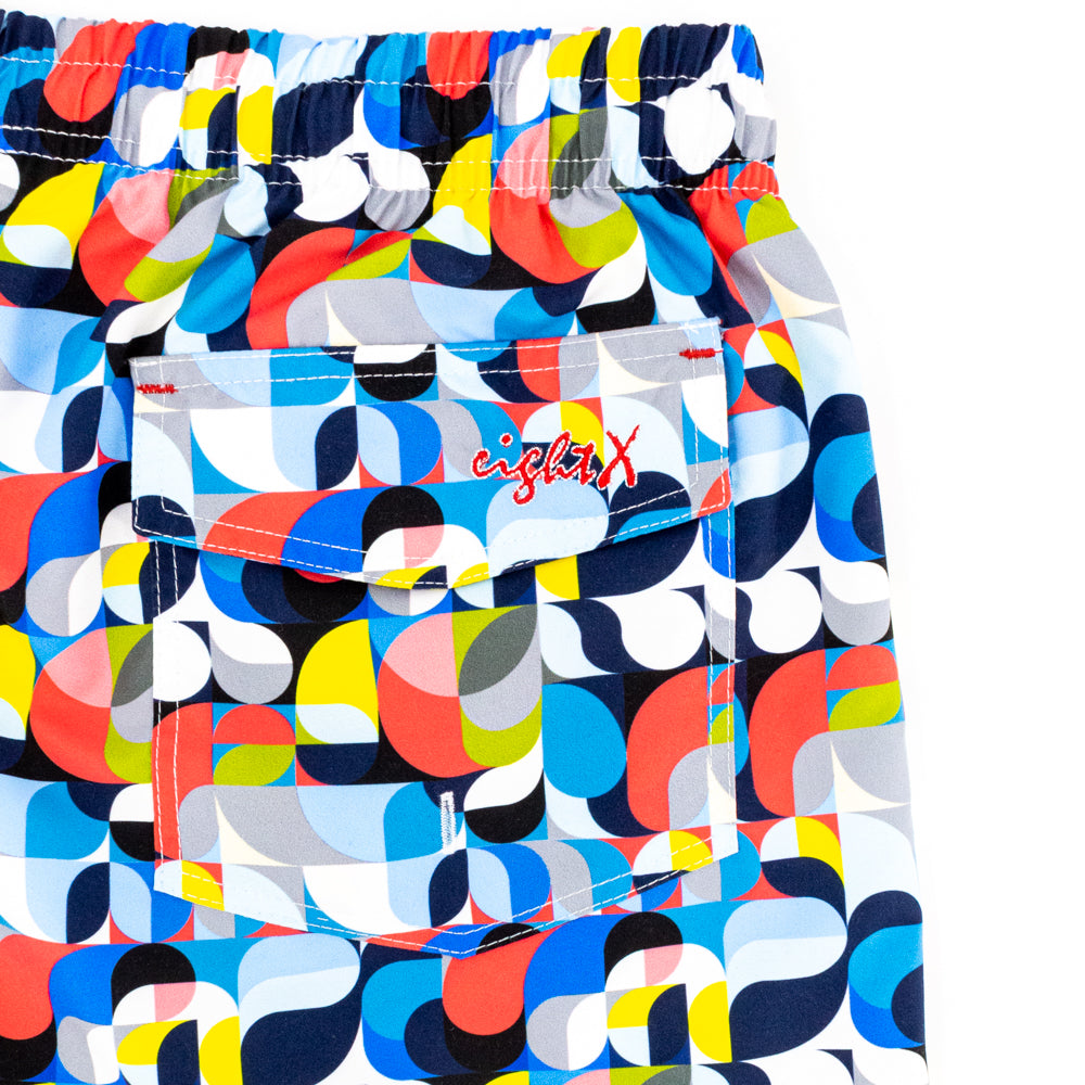 Colorful Geometrical Printed Swim Trunks. Up Close of Rear Pocket.