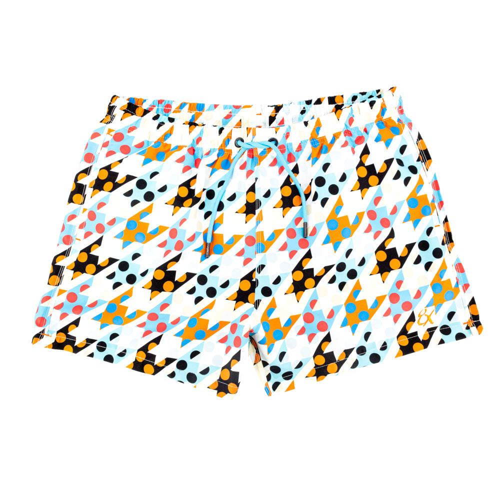 Classic Hound Print on Swim Trunks, Flat Lay View. Classic Print with Vibrant Colors.