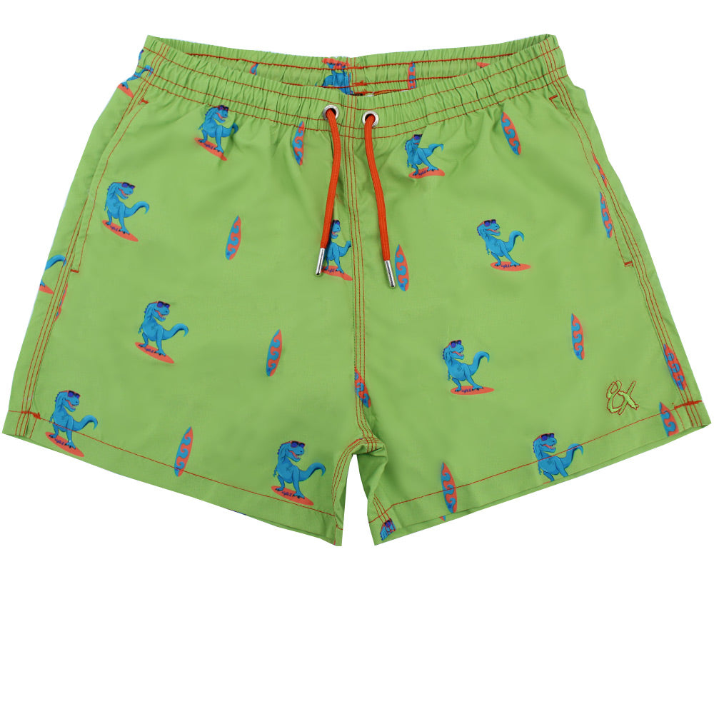 Green Surfing T-Rex Print Swim Trunks Swim Trunks Eight-X   