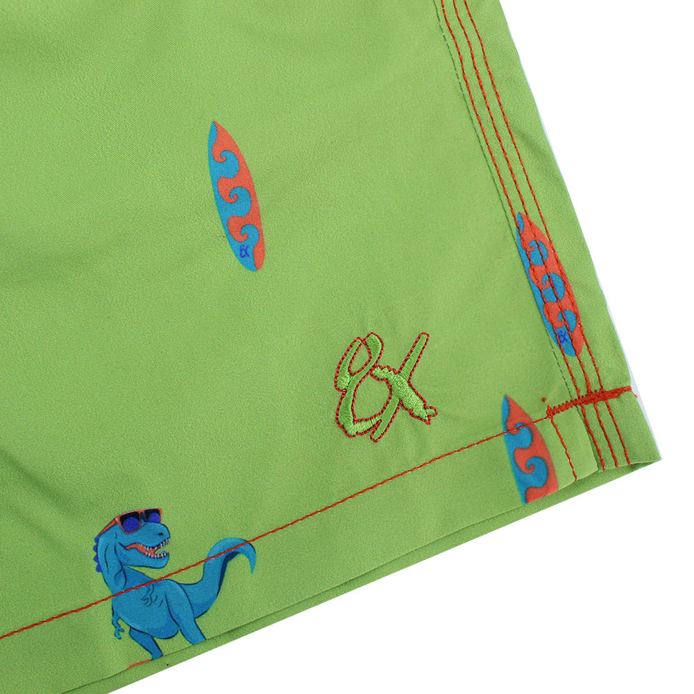 Green Surfing T-Rex Print Swim Trunks Swim Trunks Eight-X   