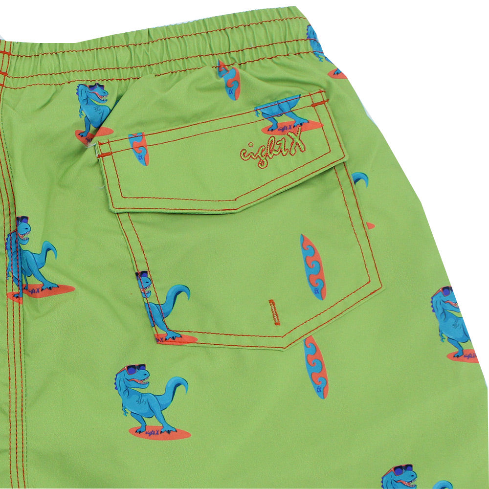 Green Surfing T-Rex Print Swim Trunks Swim Trunks Eight-X   