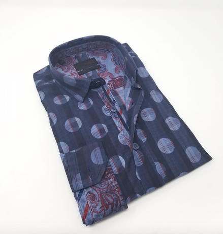 Navy Polka Dot Button Down Shirt W/Paisley Trim Long Sleeve Button Down EightX NAVY S 