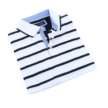 White And Navy Striped Polo With Trim Polos EightX
