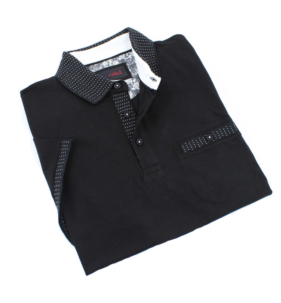 Black Pocket Polo With Dot Trim Polos EightX   