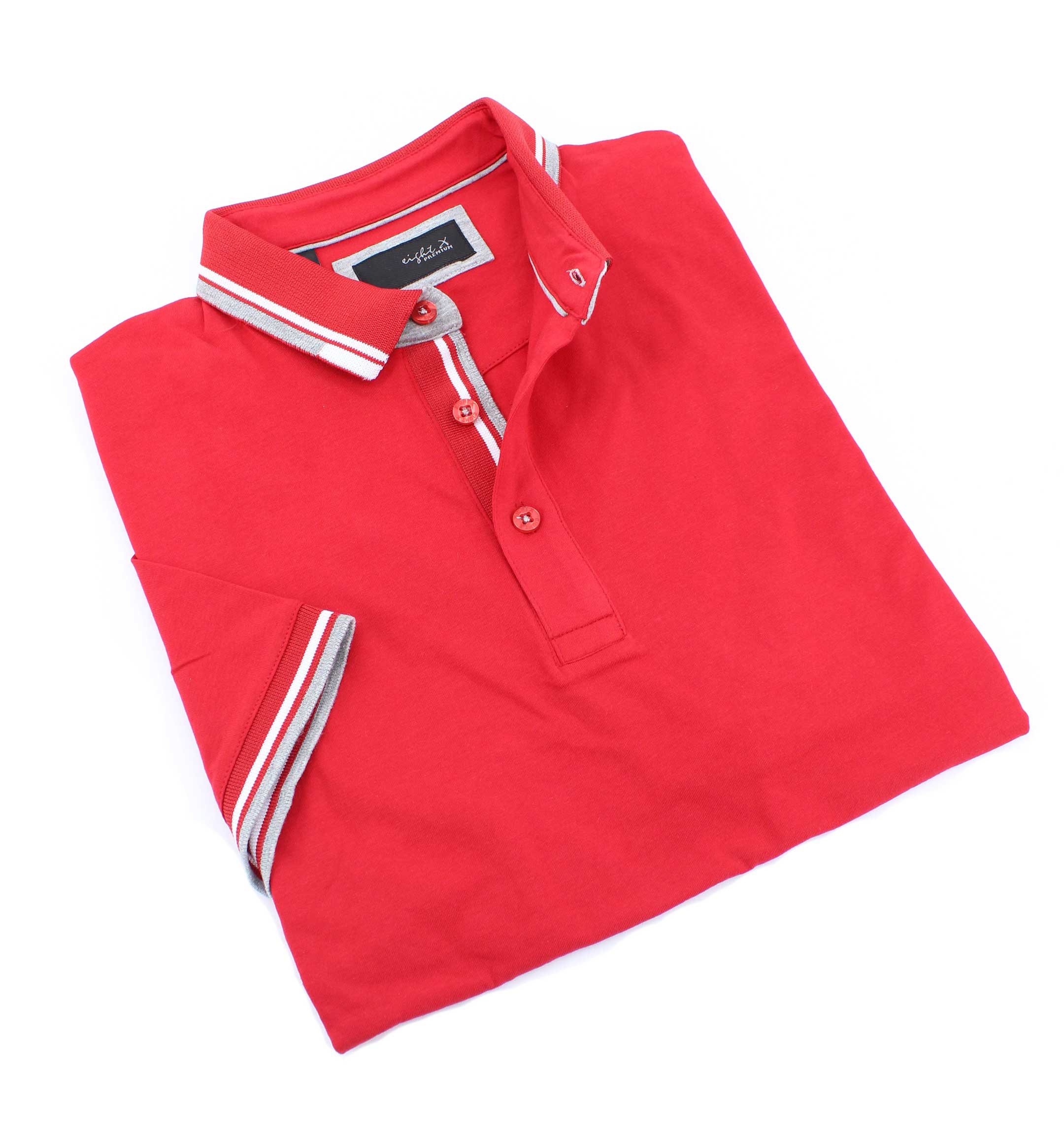 Red Polo With White And Grey Stripe Trim Polos EightX