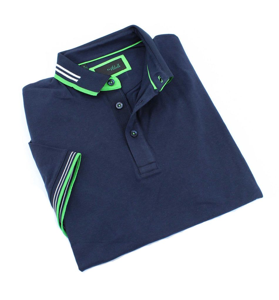 Navy-blue polo with striped collar; two-button placket; and striped, ribbed armbands. 