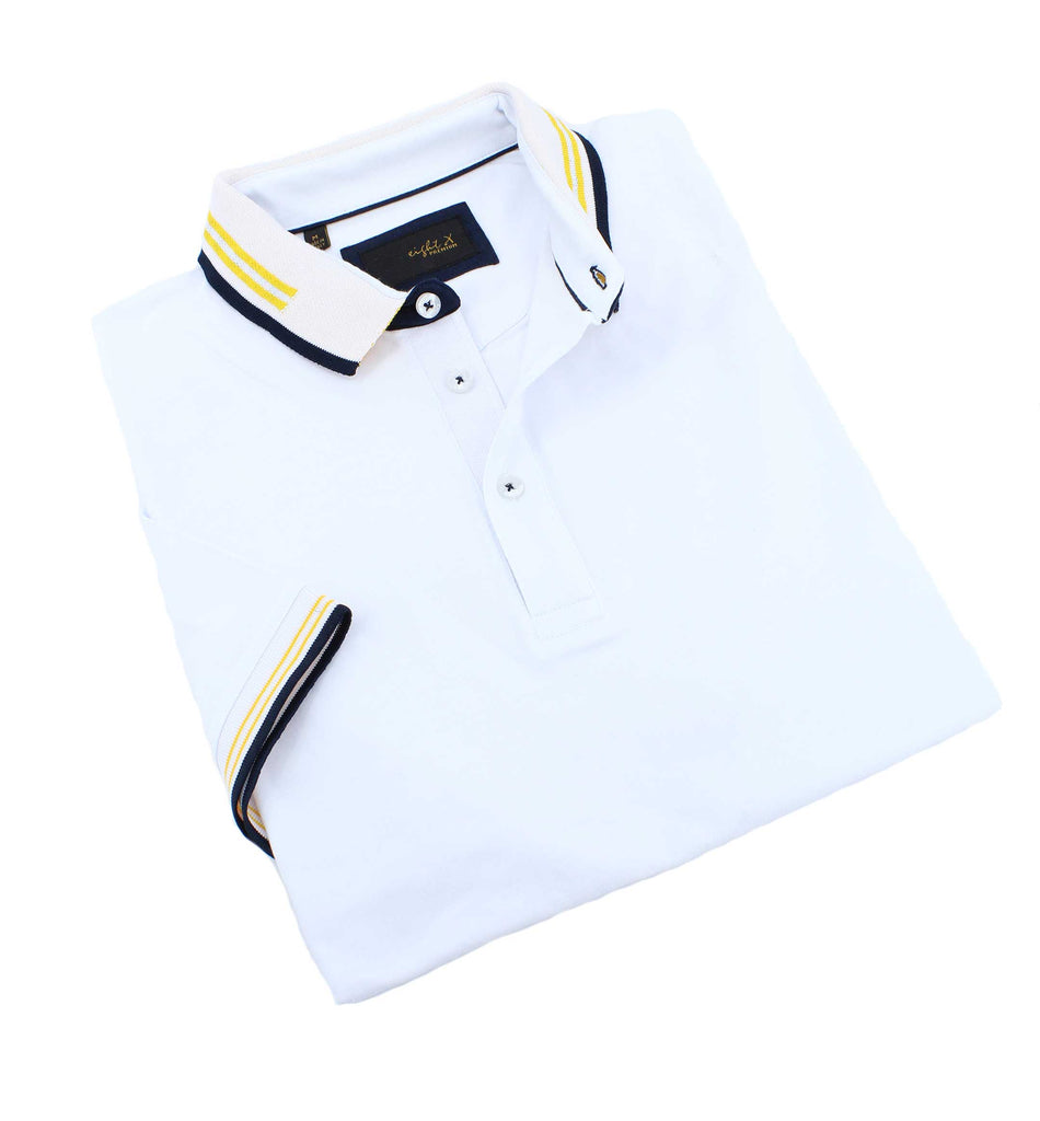 White polo with striped collar; two-button placket; and striped, ribbed armbands.