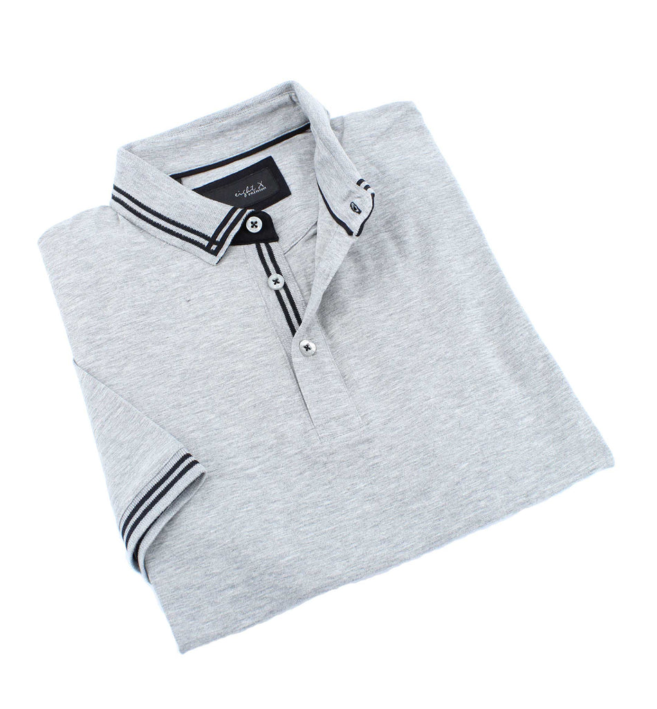 Grey polo with tipped collar; two-button, black-trimmed placket; and striped, ribbed armbands.