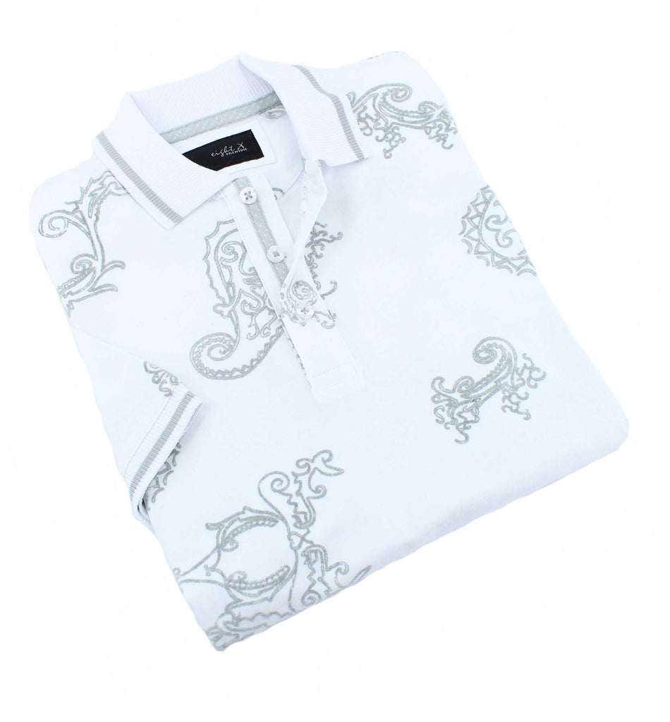 White Paisley Flocking Polo Polos EightX   