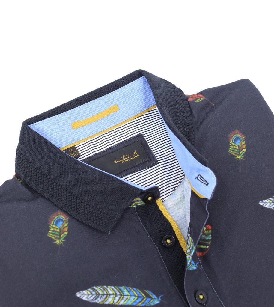 Multi Color Feather Print Polo Polos EightX   