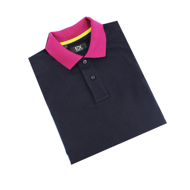 Navy Polo with Double Sided Fuchsia and Yellow Grid Print Collar Polos Eight-X