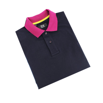 Navy Polo with Double Sided Fuchsia and Yellow Grid Print Collar Polos Eight-X