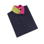 Navy Polo with Double Sided Fuchsia and Yellow Grid Print Collar Polos Eight-X