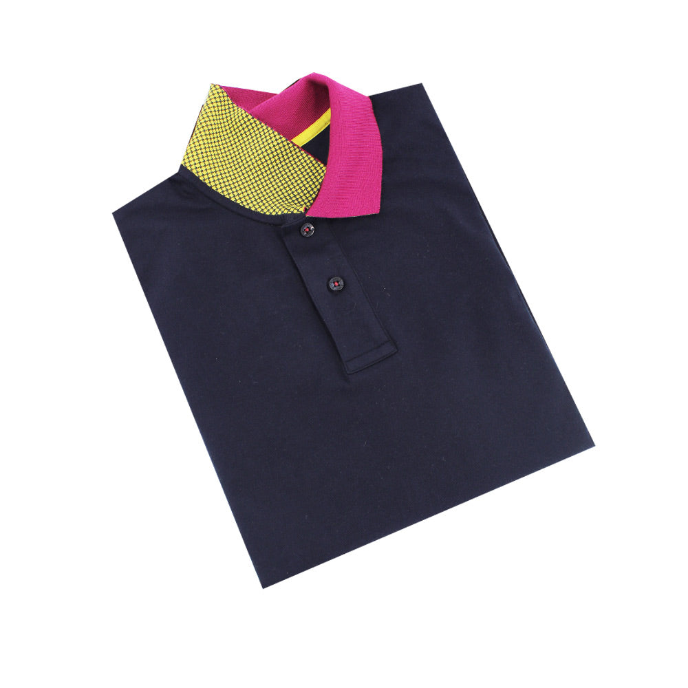 Navy Polo with Double Sided Fuchsia and Yellow Grid Print Collar Polos Eight-X