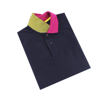 Navy Polo with Double Sided Fuchsia and Yellow Grid Print Collar Polos Eight-X