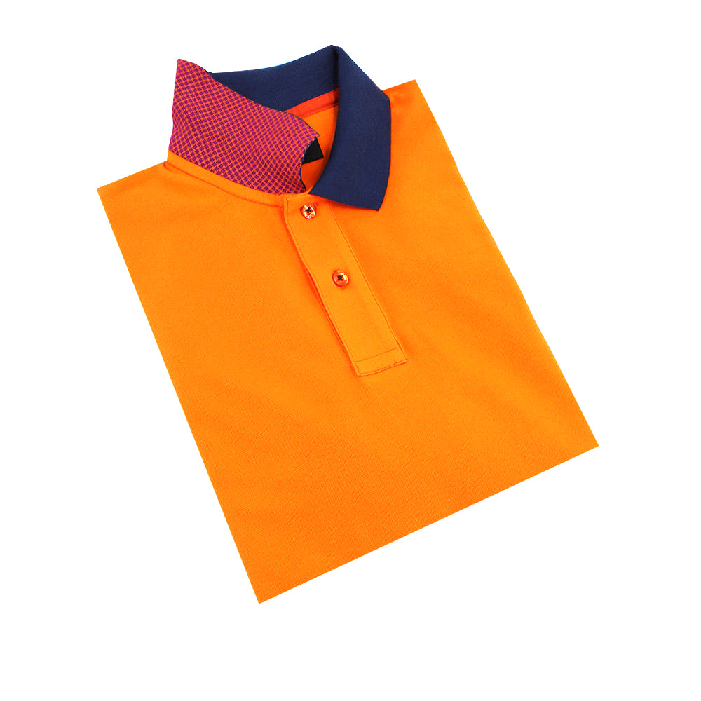 Orange Polo with Double Sided Navy and Purple Grid Print Collar Shirts Eight-X