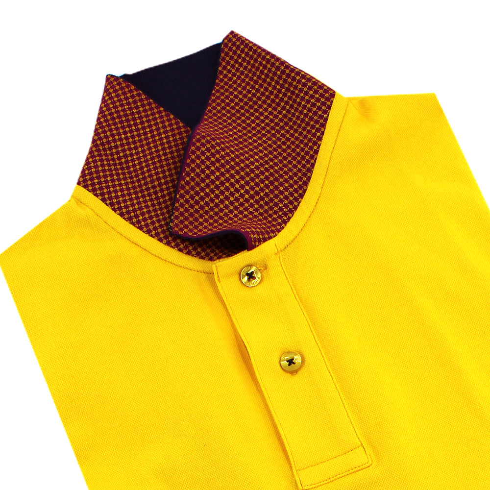 Yellow Polo with Double Sided Navy and Burgundy Grid Print Collar Polos Eight-X   