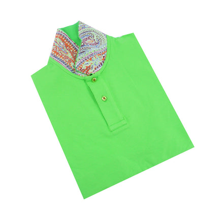 Green Polo with Double Sided Multi colored Paisley Print Collar Shirts Eight-X