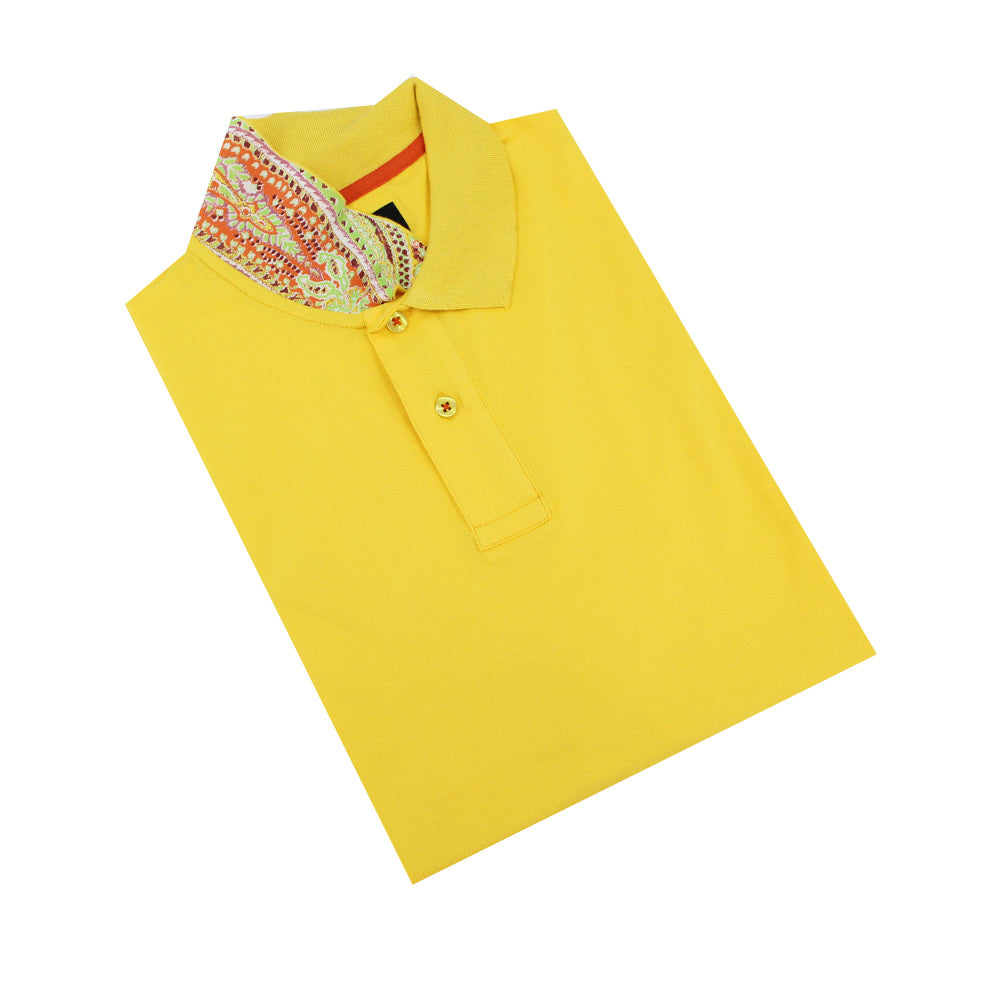 Yellow Polo with Double Sided Multi colored Paisley Print Collar Polos Eight-X