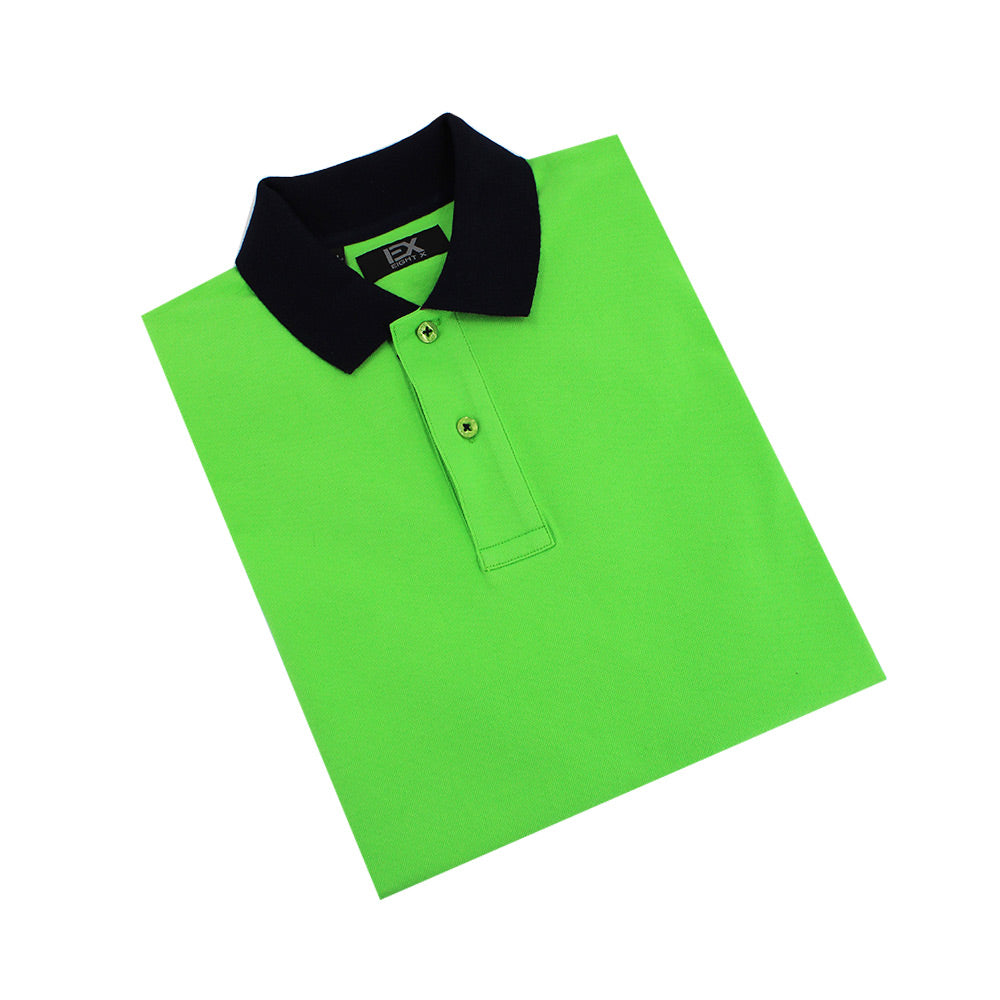 Folded bright-green polo with navy-blue collar and two-button placket.