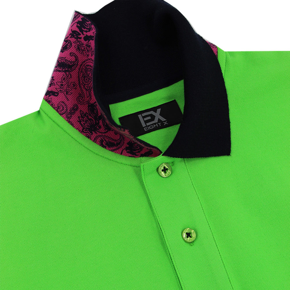 Green Polo with Double Sided Navy and Fuchsia Paisley Print Collar Polos Eight-X   
