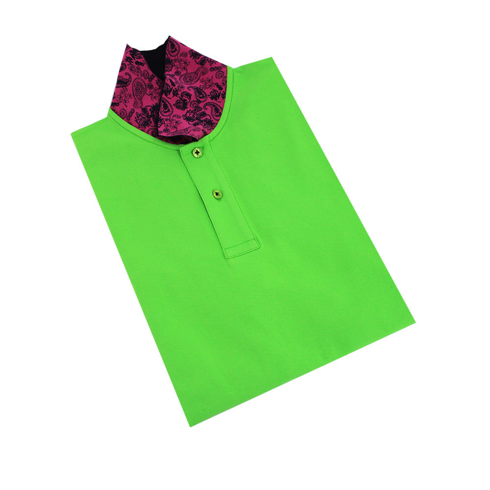 Green Polo with Double Sided Navy and Fuchsia Paisley Print Collar Polos Eight-X   