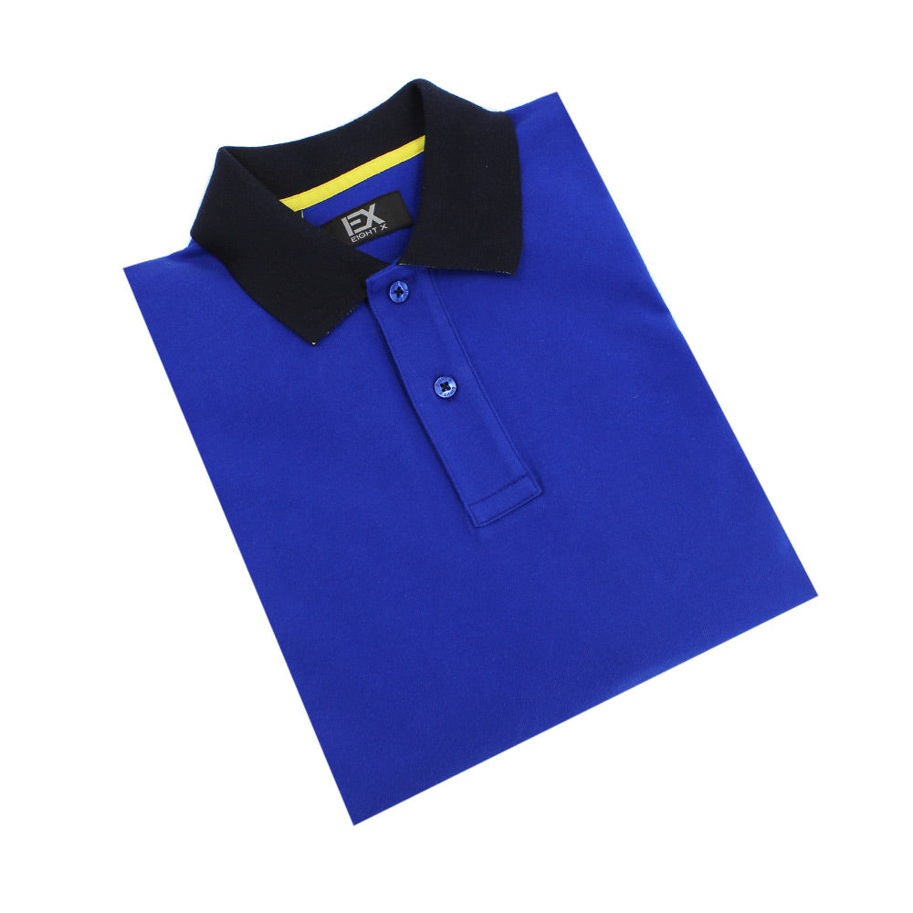 Folded royal-blue polo with navy-blue collar and two-button placket.