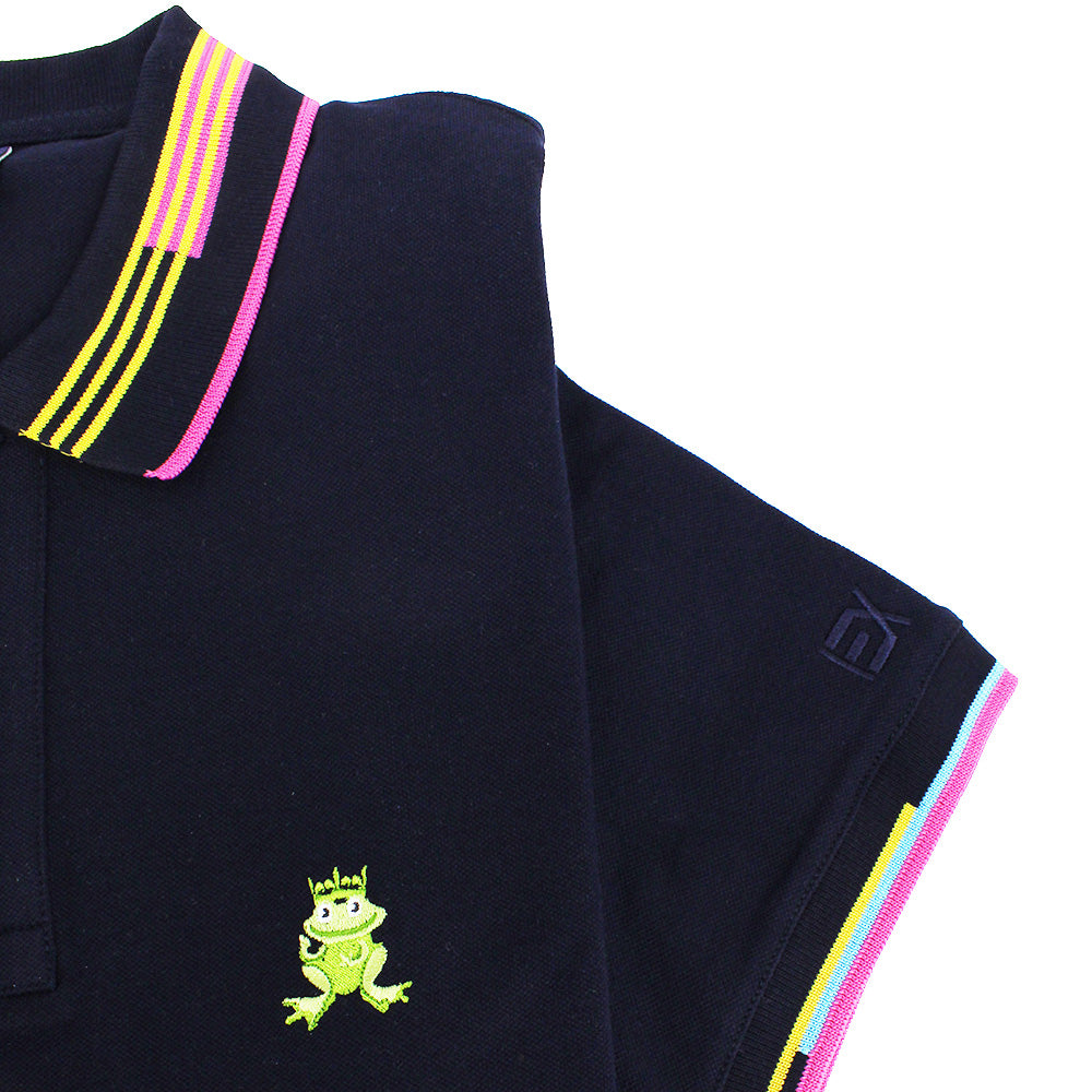 Detail of navy polo’s ribbed armbands with blue, pink, and yellow stripes.