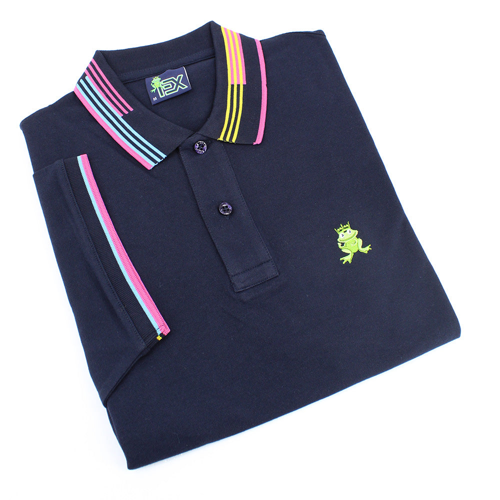 Folded polo with blue, yellow, and pink sets of tri-stripes on collar; striped armbands; two-button placket; and embroidered green frog mascot.