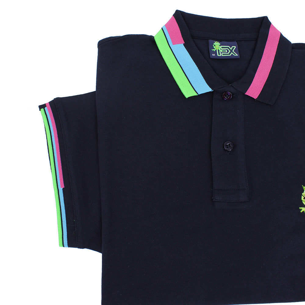 Detail of navy polo’s ribbed armbands with blue, green, and pink block stripes. 