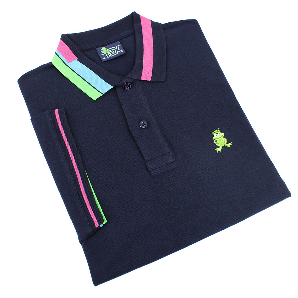 Folded navy polo with blue, green, and pink block-striped collar; striped armbands; two-button placket; and embroidered green frog mascot.