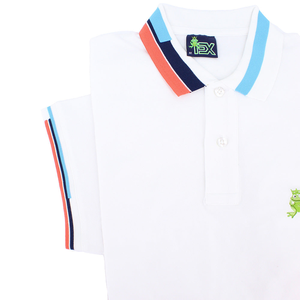 Detail of white polo’s ribbed armbands with blue, peach, and navy block stripes. 