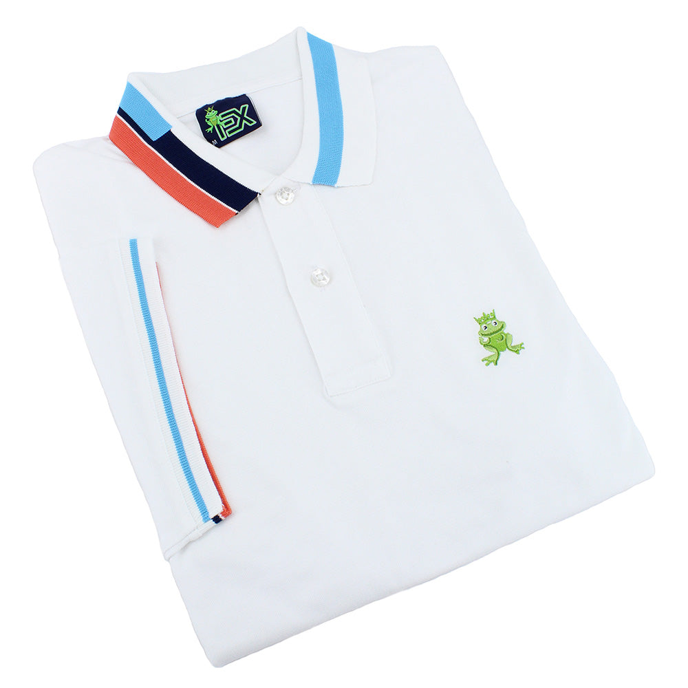Folded white polo with blue, peach, and navy block-striped collar; striped armbands; two-button placket; and embroidered green frog mascot.