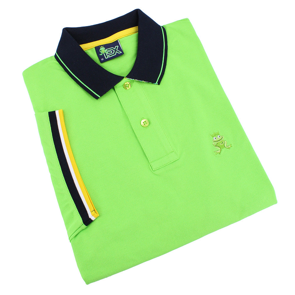 Folded green polo with navy blue collar; navy, white, and yellow striped armbands; two-button placket; and embroidered green frog mascot
