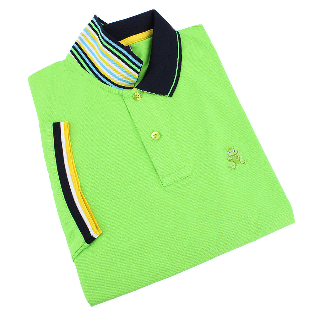 Closeup of polo’s reversible collar with navy, white, yellow, green and blue stripe design on reverse. 