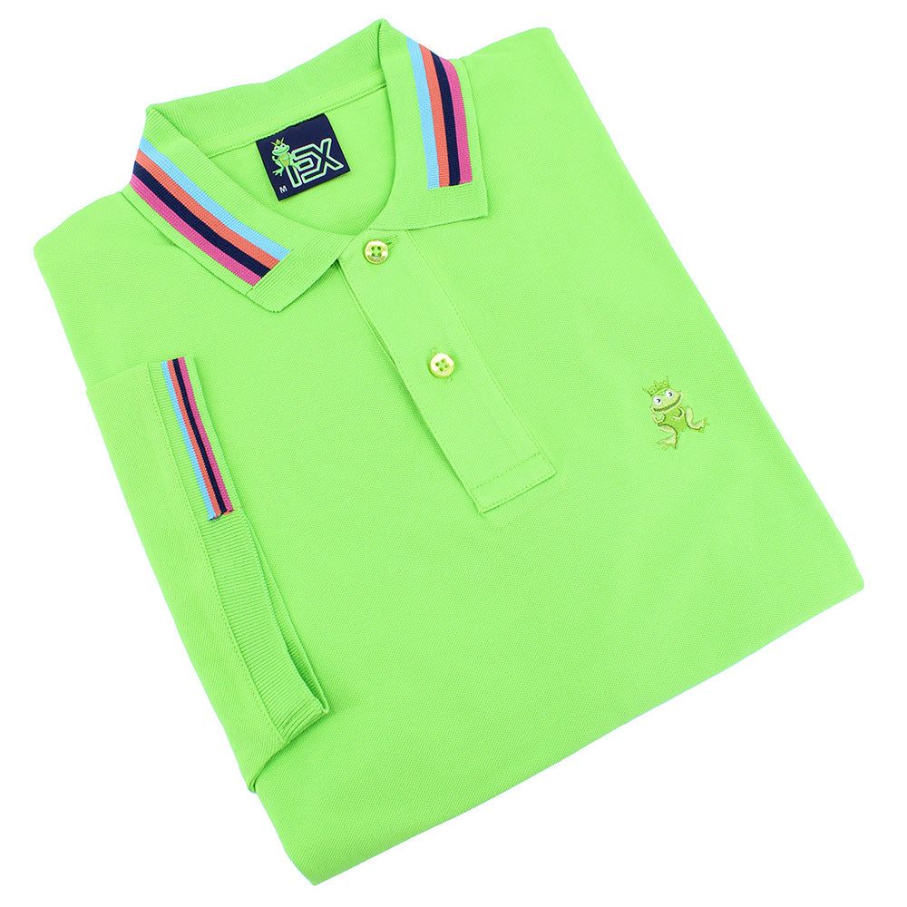 Folded bright green polo with blue, peach, navy, and pink striped collar; matching ribbed armbands; two-button placket; and embroidered green frog mascot.