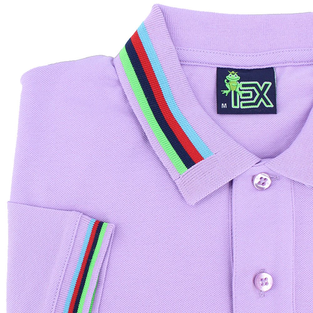 Closeup of lilac polo’s collar, with blue, red, navy, and green stripes. 