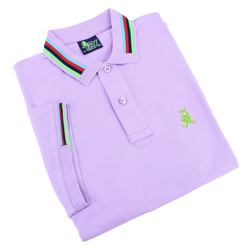 Folded lilac polo with colorful striped collar; matching ribbed armbands; two-button placket; and embroidered green frog mascot.