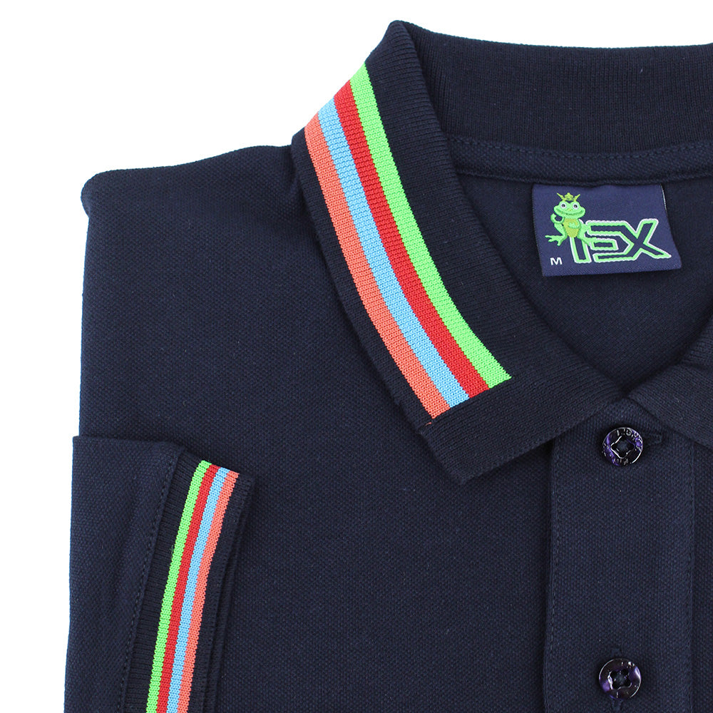 Closeup of navy polo’s collar, with blue, red, navy, and green stripes.