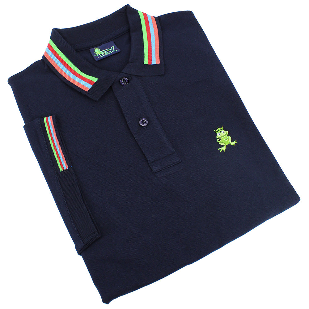 Folded navy blue polo with striped collar; matching ribbed armbands; two-button placket; and embroidered green frog mascot.