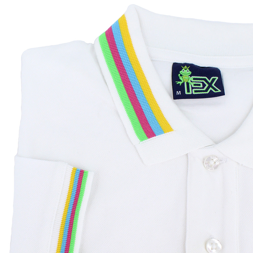 Closeup of white polo’s striped collar, showing yellow, blue, pink, and green stripes.