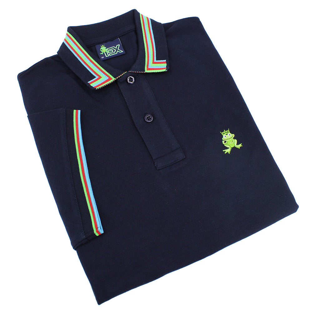 Folded navy blue polo with striped tipped collar, matching ribbed armbands, two-button placket, and embroidered green frog mascot. 