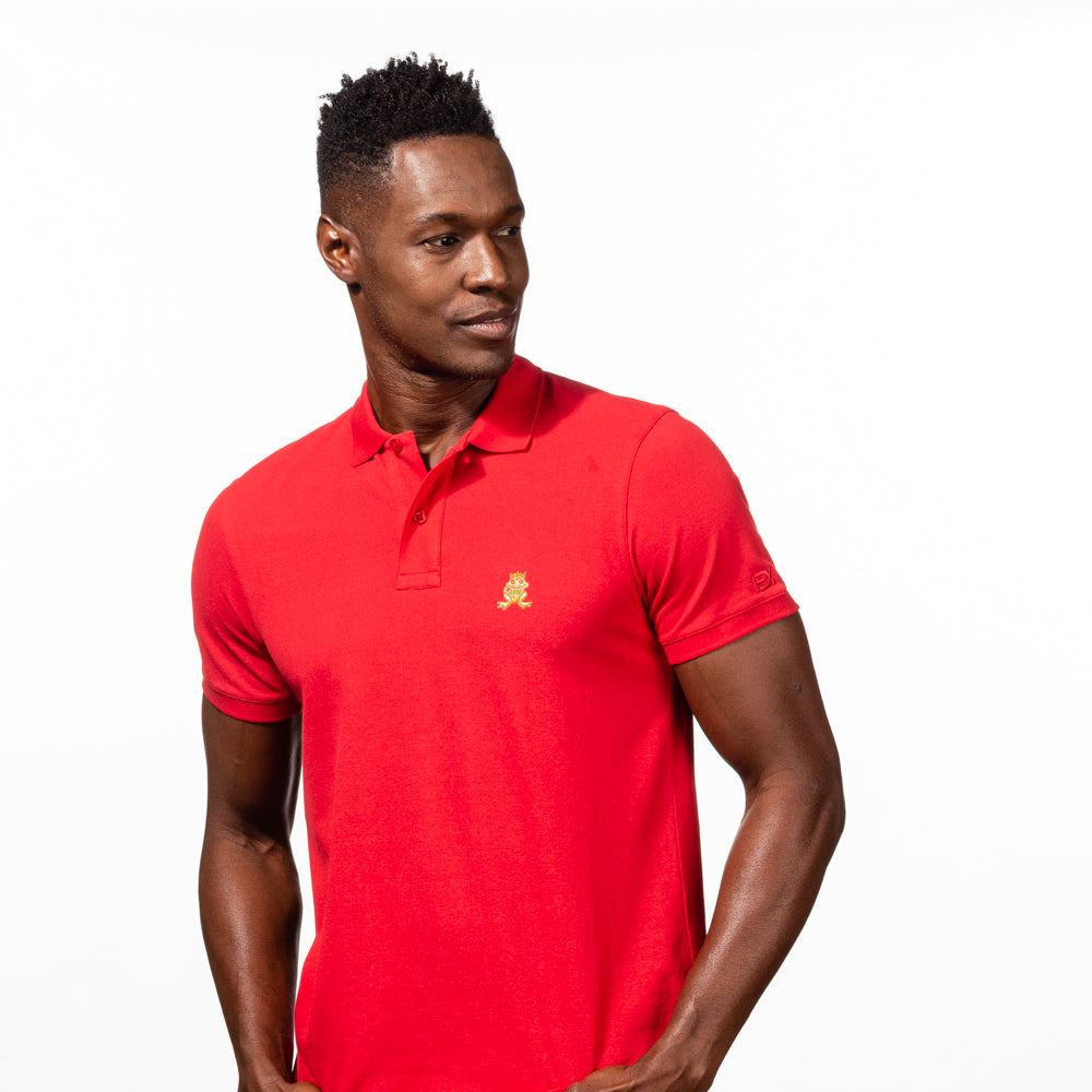 Model in red polo with two-button placket, ribbed armbands, and embroidered gold frog mascot.