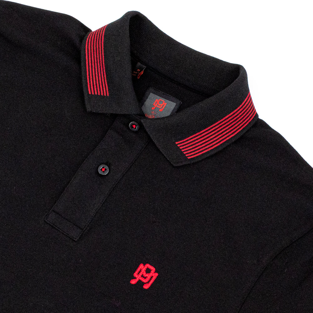 Black Polo, Red Accents on the Collar, Button Thread, and Chest Logo.