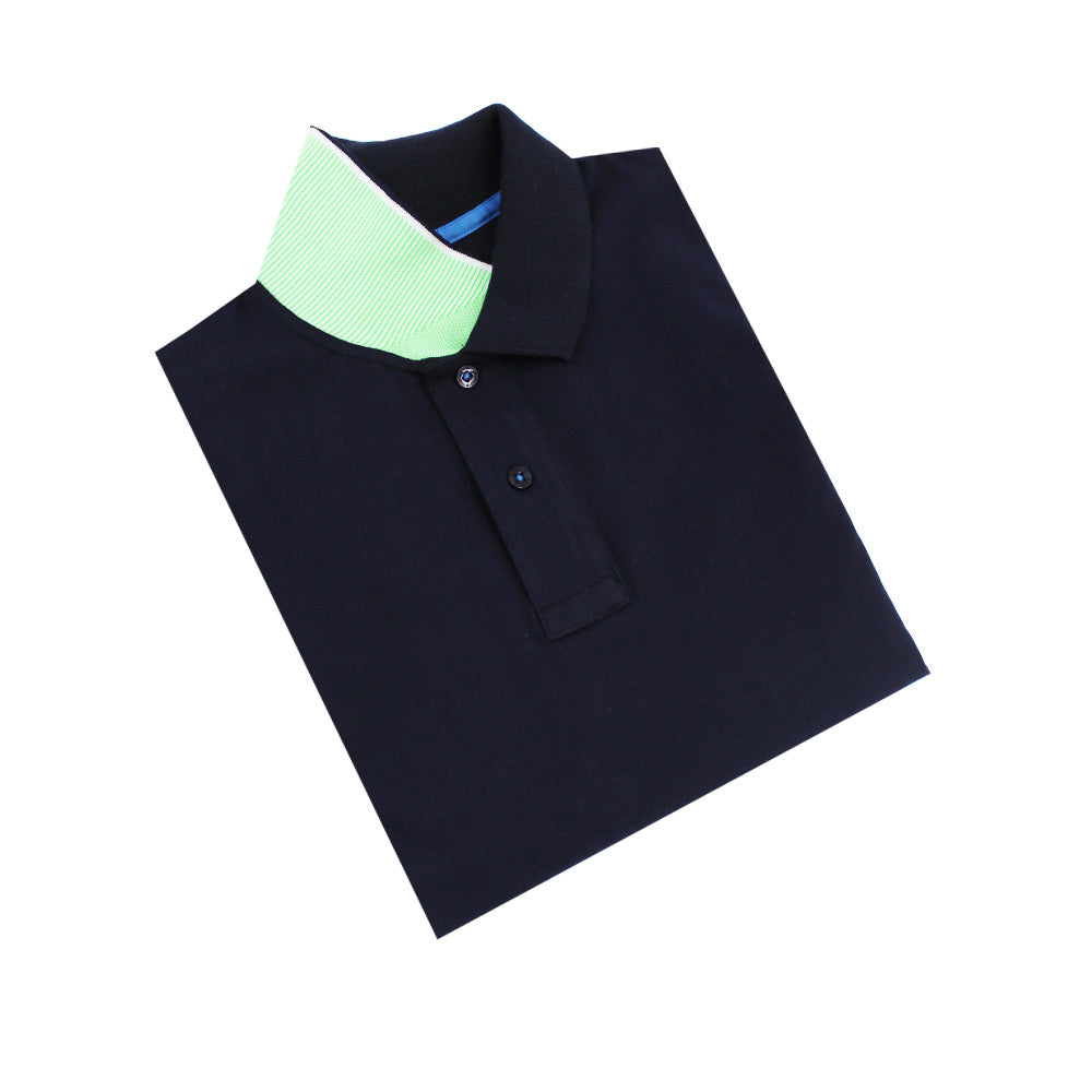 Navy Polo with Double Sided Collar with Green and White Ribbed Texture Polos Eight-X