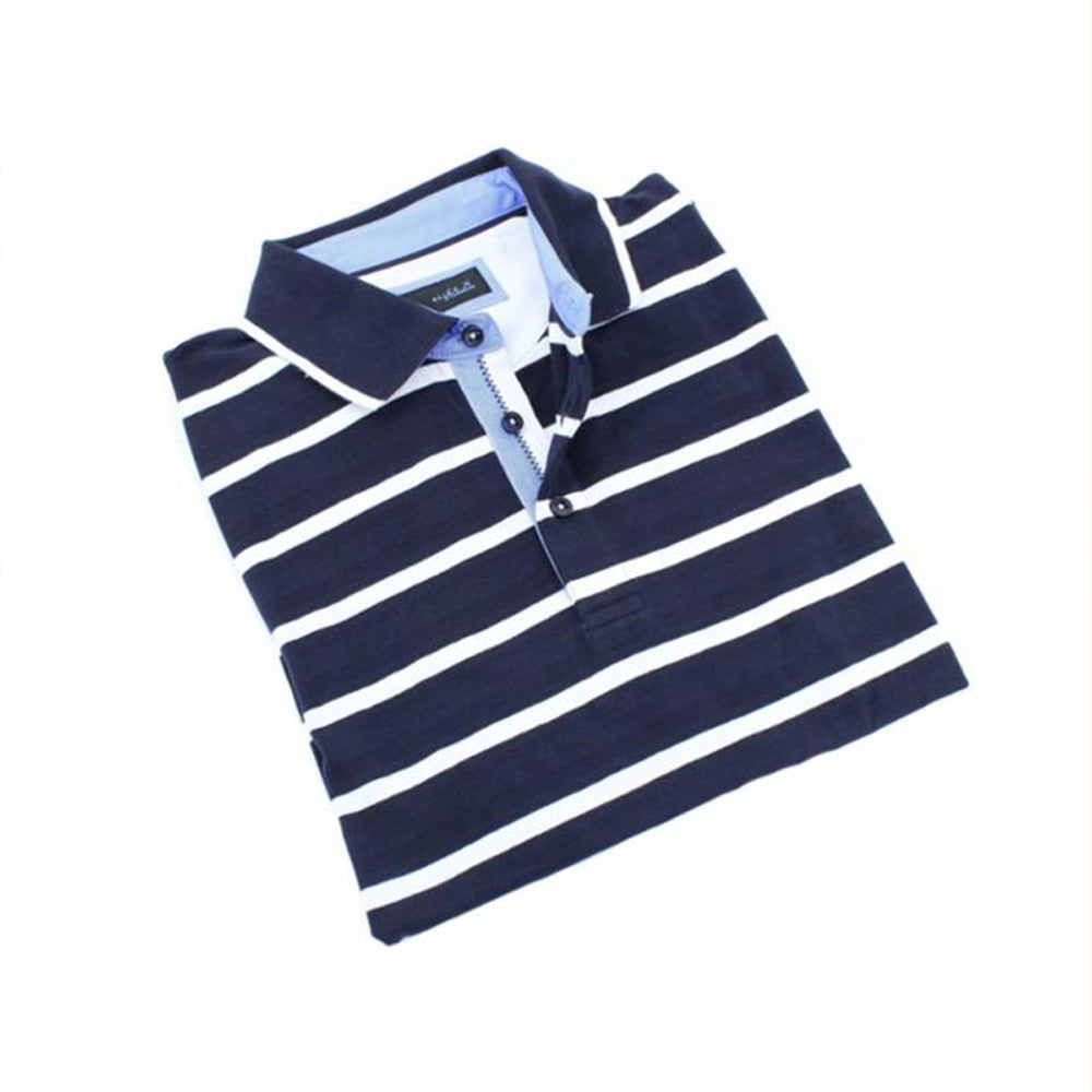 Navy Striped Polo With Trim Polos EightX   