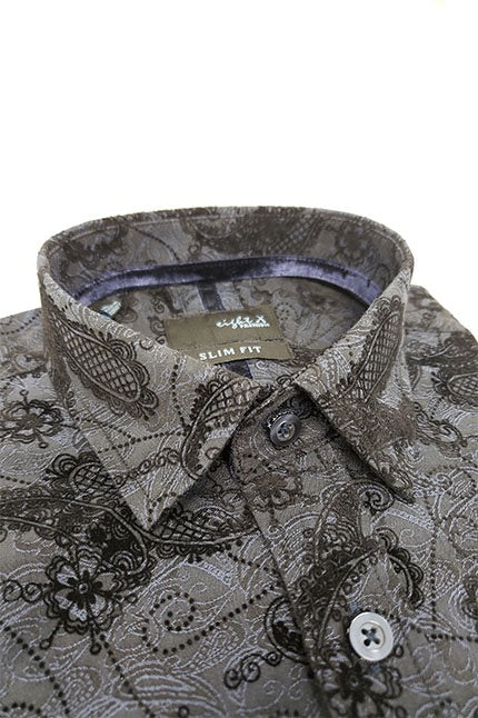 Dark Navy Jacquard Button Down Shirt W/ Paisley Flocking Long Sleeve Button Down EightX   